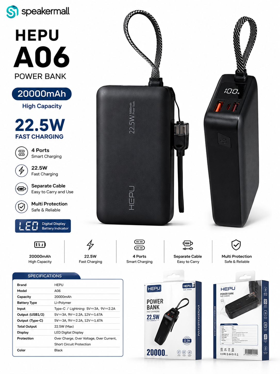 پاوربانک هپو مدل Hp-A06 با ظرفیت ۲۰۰۰۰میلی‌آمپر